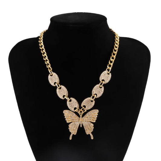 European And American Exaggerated Full Rhinestone Pig Nose Buckle Butterfly Necklace Women - LabombeYlang