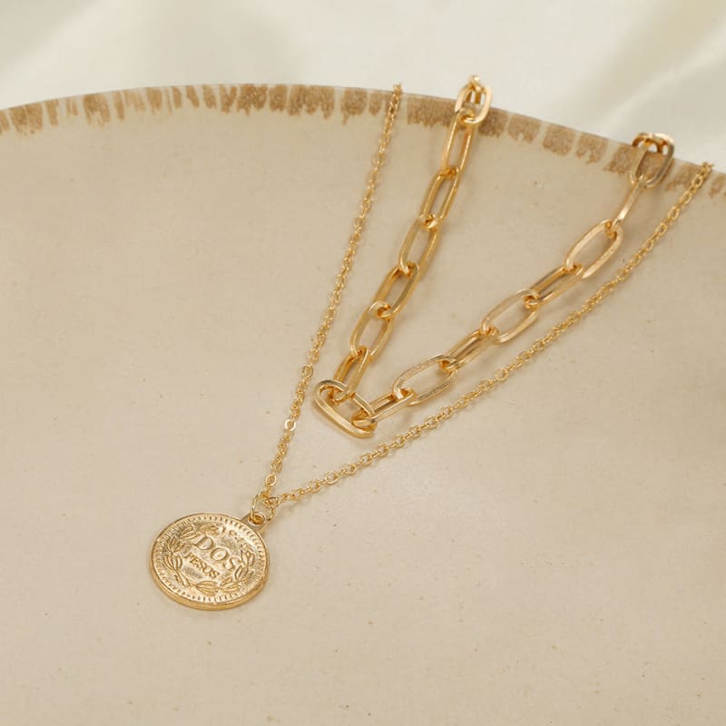 Gold Double-Layer Chain Geometric Medal Head Necklace - LabombeYlang