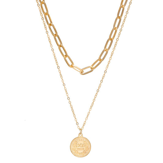 Gold Double-Layer Chain Geometric Medal Head Necklace - LabombeYlang