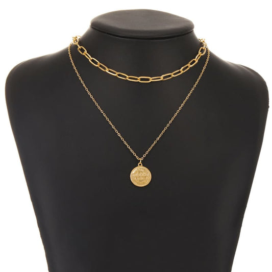 Gold Double-Layer Chain Geometric Medal Head Necklace - LabombeYlang