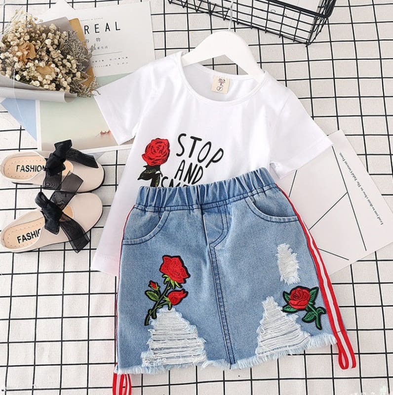 Kids Clothes White T-shirt Denim Skirt 2pcs Girls Suits - LabombeYlang