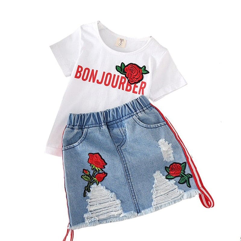 Kids Clothes White T-shirt Denim Skirt 2pcs Girls Suits - LabombeYlang