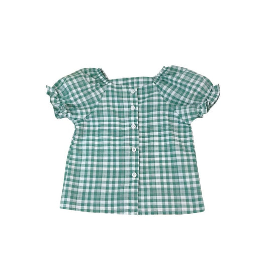 Check Puff Sleeve One-line Collar Cardigan Girl’s Shirt - LabombeYlang