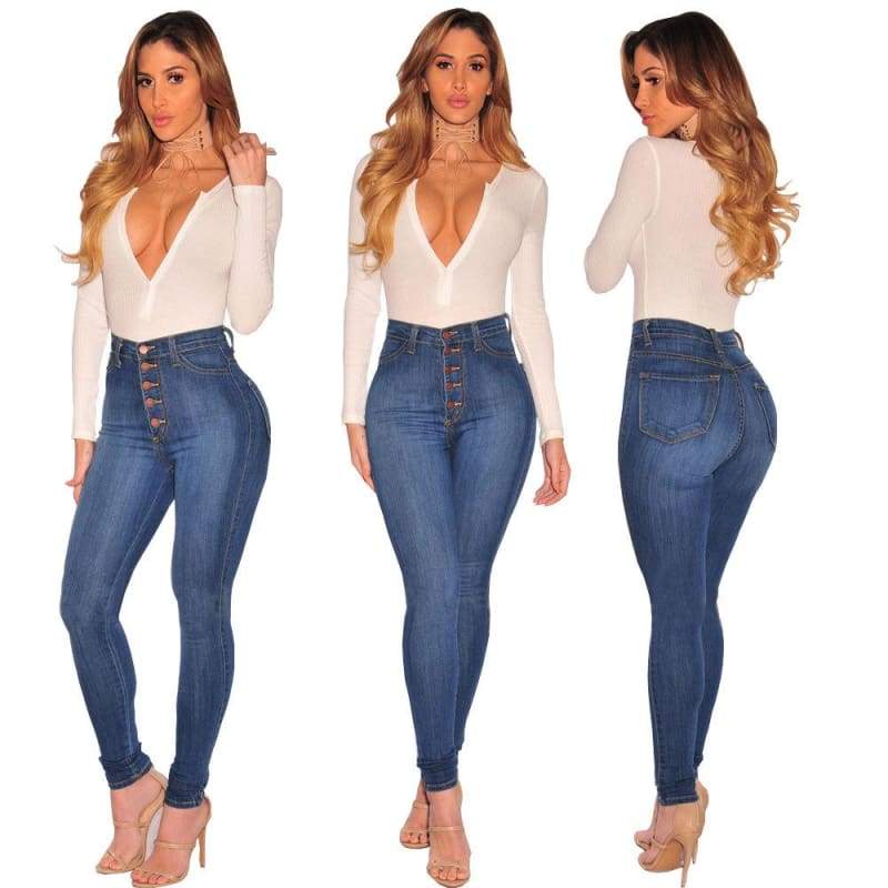 Multi-button chic high-rise skinny long jeans | LabombeYlang