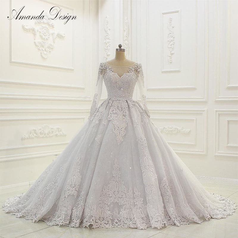 abiti da sposa Luxury Long Sleeve Lace Appliqued Low Back Shiny Wedding Dress