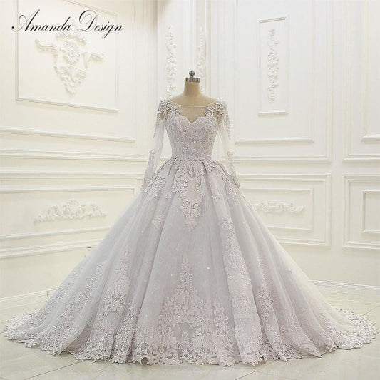 abiti da sposa Luxury Long Sleeve Lace Appliqued Low Back Shiny Wedding Dress