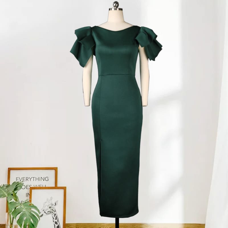 Women’s Plus Size Slim-fit Green Evening Gown With Split Ends - LabombeYlang
